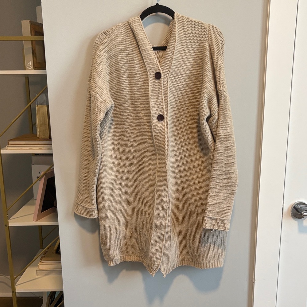 Handmade Cozy Beige Knit Cardigan Sweater with Hood